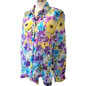 Drapers and Damons Sheer Blouse Purple Floral Top Woman's Long Sleeve JJ3476